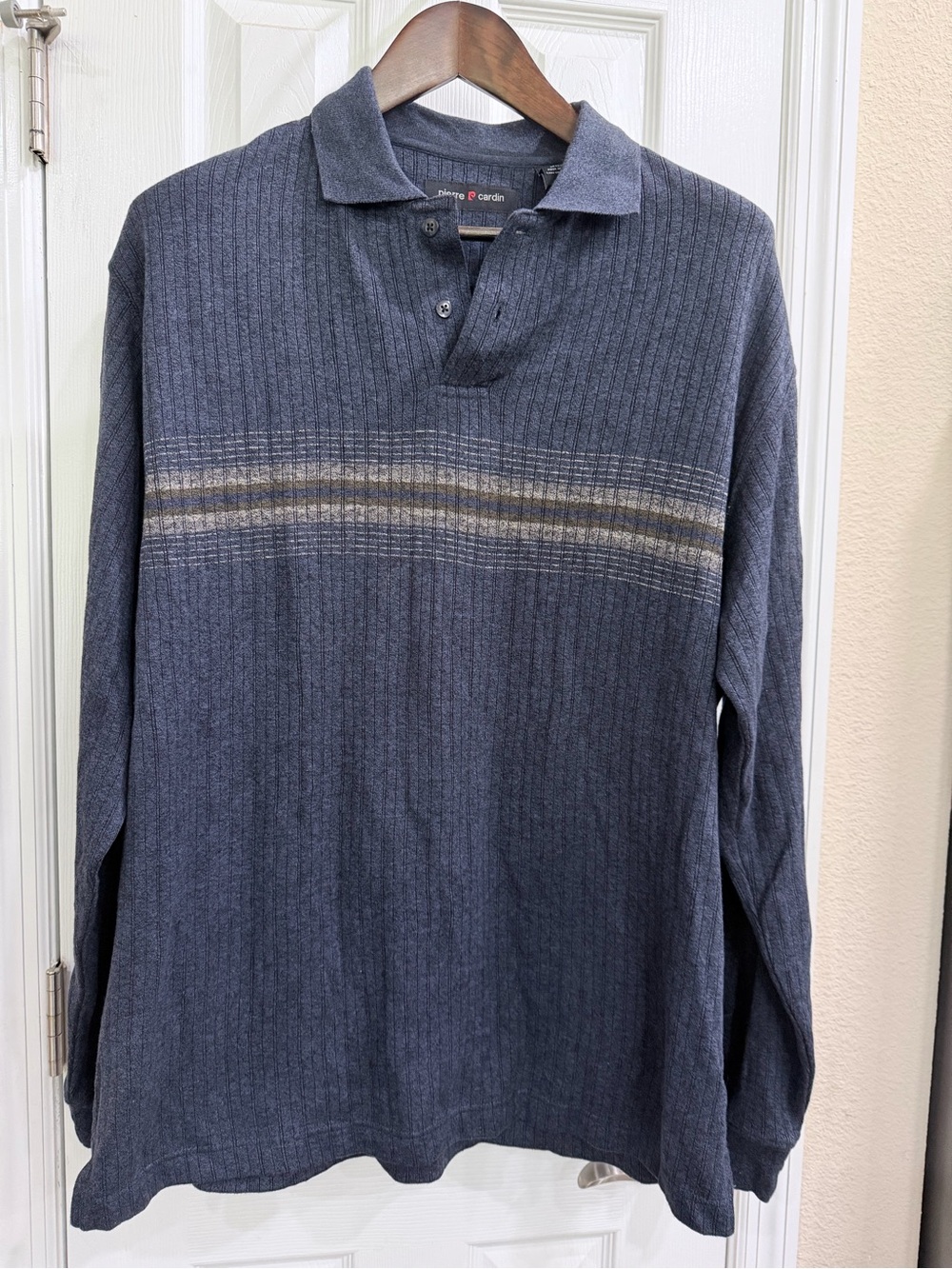 Vintage Pierre Cardin Blue Ribbed Knit Long Sleeve Polo Shirt Men’s XL